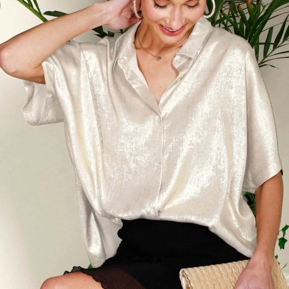Champaign Collared Neck Button Down Metallic Woven Top